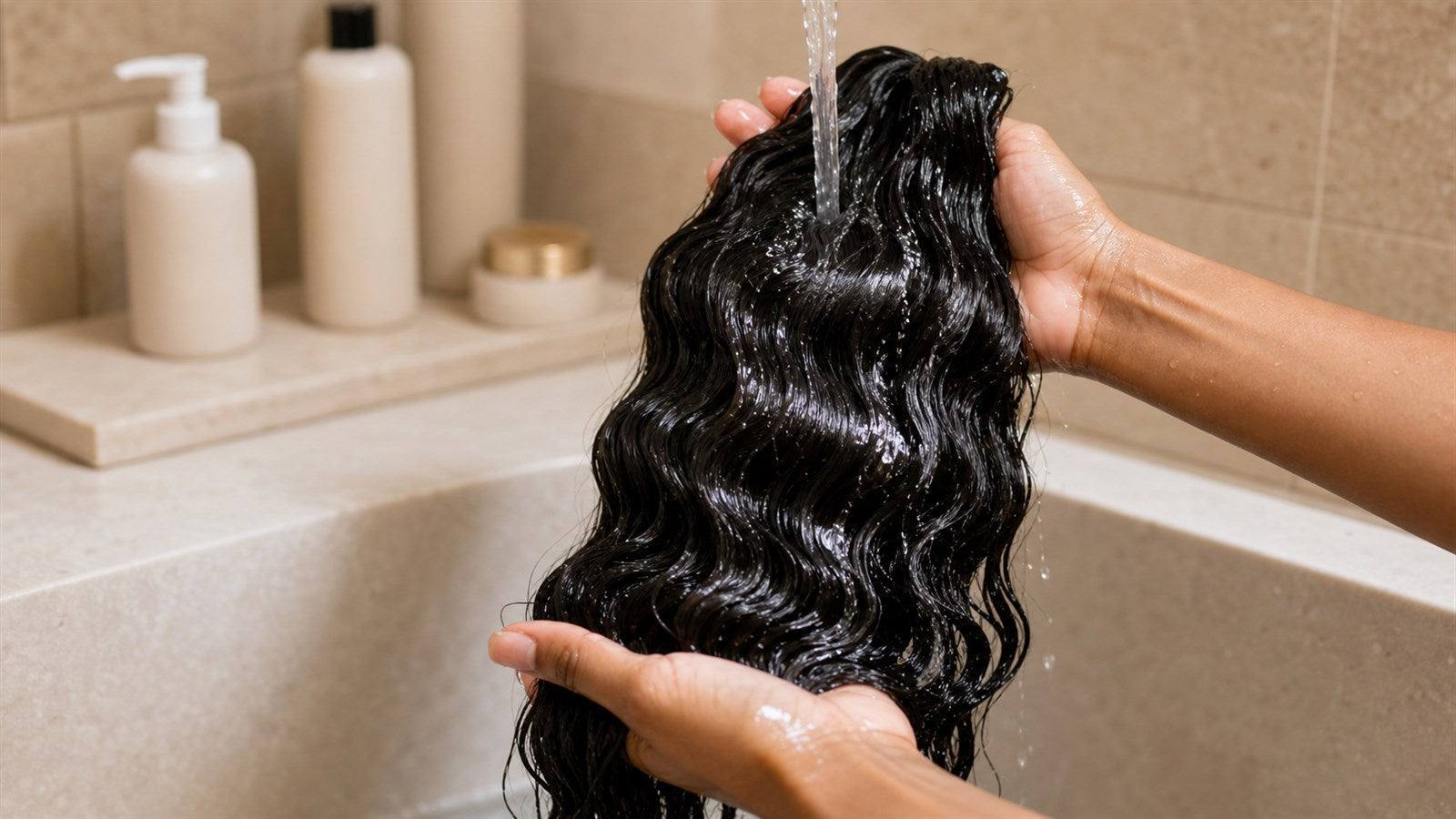 Human hair wig being gently rinsed with cool running water